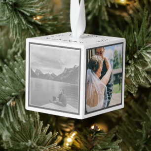Mr and Mrs Newlywed Custom  4 Photo Grid   Cube Ornament