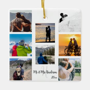 Mr And Mrs Newlywed Custom 8 Photo Grid    Ceramic Ornament by KybritorKreations at Zazzle