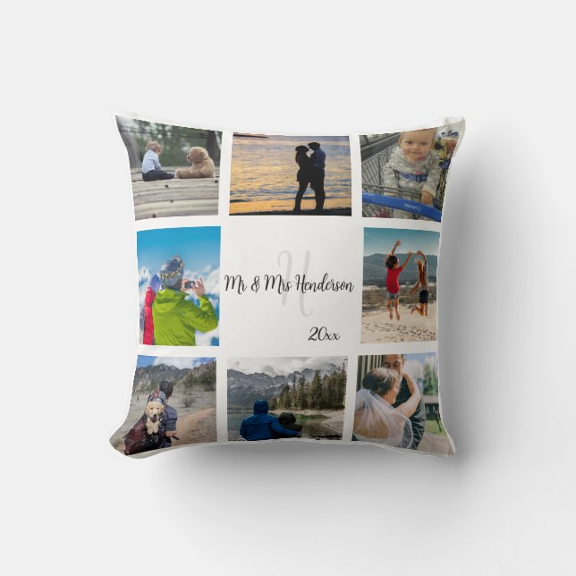 Mr and Mrs Newlywed Custom 8 Photo Grid   Throw Pillow (Front)