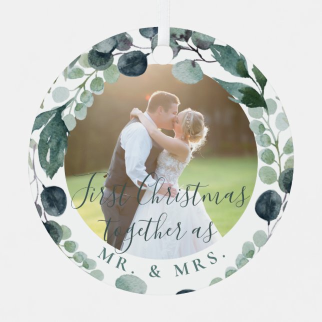 Mr and Mrs newlywed first Christmas wedding photo  Metal Ornament (Front)