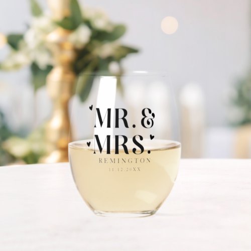 Mr and Mrs Newlywed Hearts Stemless Wine Glass