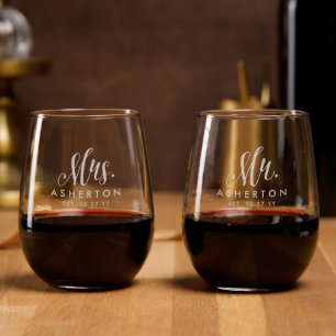 Mr and Mrs newlywed name and date wedding Stemless Wine Glass