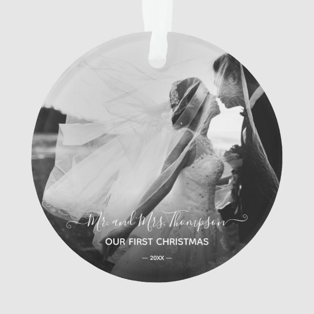 Mr and Mrs Newlywed Photo Signature Script Ornament (Back)