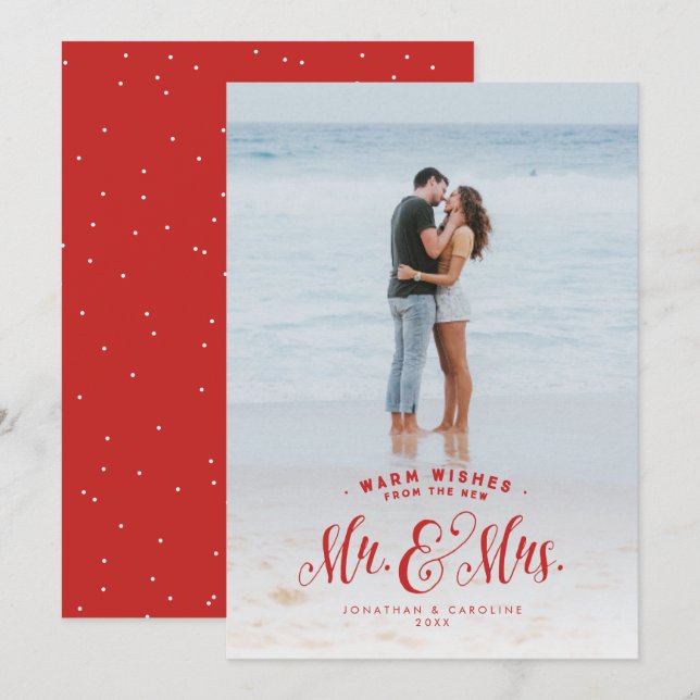 Mr. and Mrs. newlywed red first Christmas Holiday Card (Front/Back)