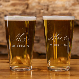 Mr and Mrs Newlywed Typography Wedding Pint Glass