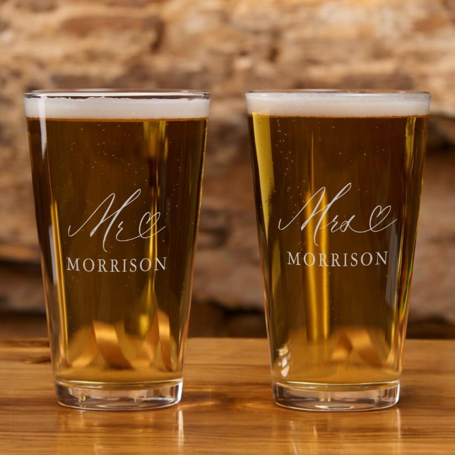 Mr and Mrs Newlywed Typography Wedding Pint Glass (Creator Uploaded)