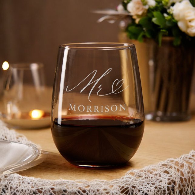 Mr and Mrs Newlywed Typography Wedding Stemless Wine Glass (Creator Uploaded)