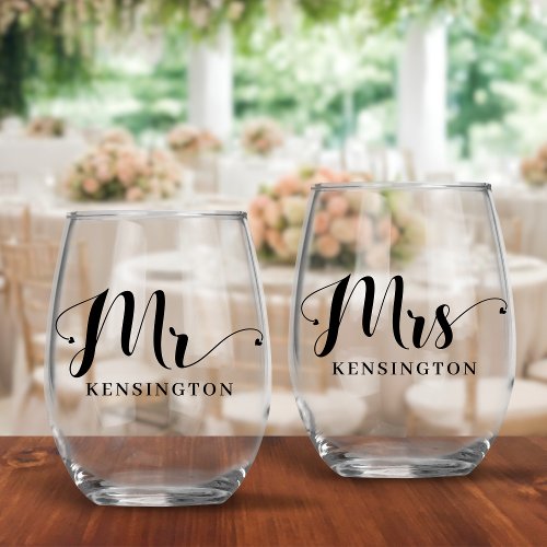 Mr and Mrs Newlywed Typography Wedding Stemless Wine Glass