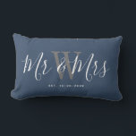 Mr And Mrs Newlyweds Navy Blue Script Monogram Lumbar Pillow<br><div class="desc">Welcome friends and family to your home with this Mr And Mrs Newlyweds Navy Blue Script Monogram Lumbar Pillow. It is an elegant design with a modern dusty blue background. The center has bride and groom's last name monogram letter in light grey. The text is "mr and mrs" in white...</div>