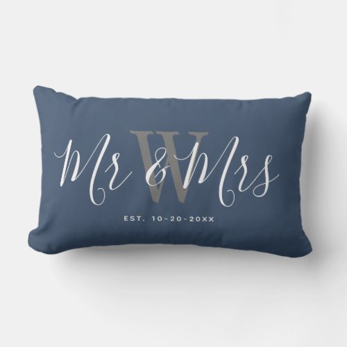 Mr And Mrs Newlyweds Navy Blue Script Monogram Lumbar Pillow