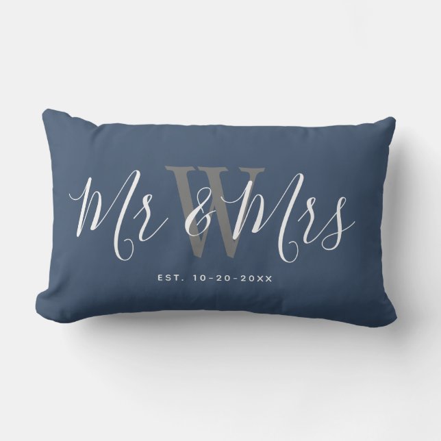 Mr And Mrs Newlyweds Navy Blue Script Monogram Lumbar Pillow (Front)