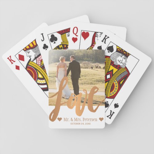 Mr and Mrs newlyweds photo and LOVE gold script Playing Cards