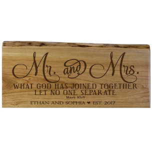 Mr. and Mrs. Ornate Bible Verse Cherry Wood Plaque