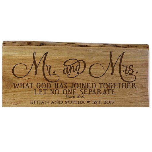 Mr. and Mrs. Ornate Bible Verse Cherry Wood Plaque (Front View)
