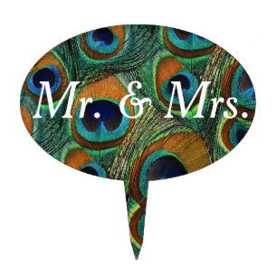Mr and Mrs Peacock Feather Print Cake Topper