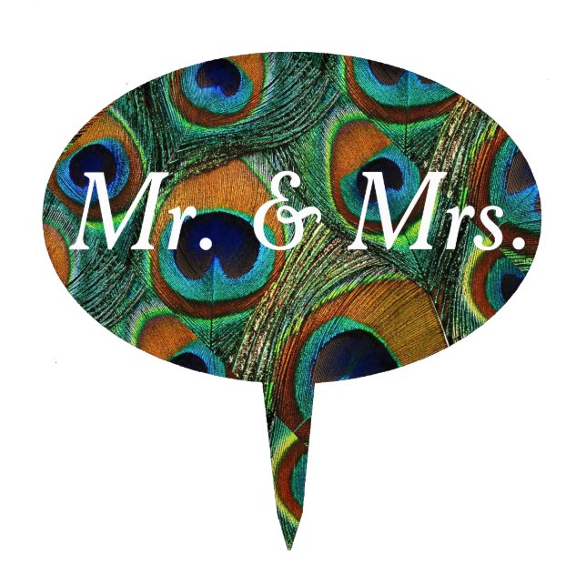 Mr and Mrs Peacock Feather Print Cake Topper (Front)