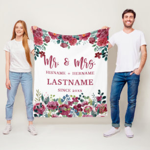 Mr. and Mrs. Personalized Blanket with Flowers