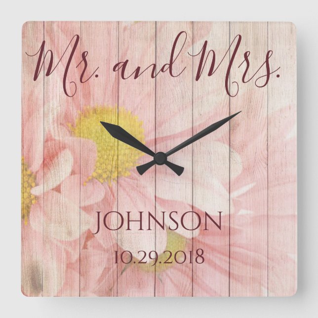 Mr and Mrs Personalized Floral Square Wall Clock (Front)