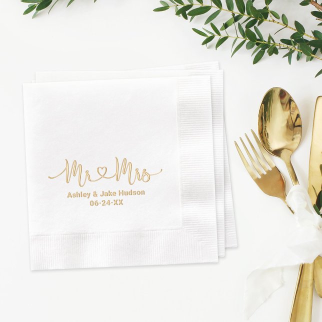 Mr and Mrs Personalized Heart Script Wedding Foil Napkins (Creator Uploaded)