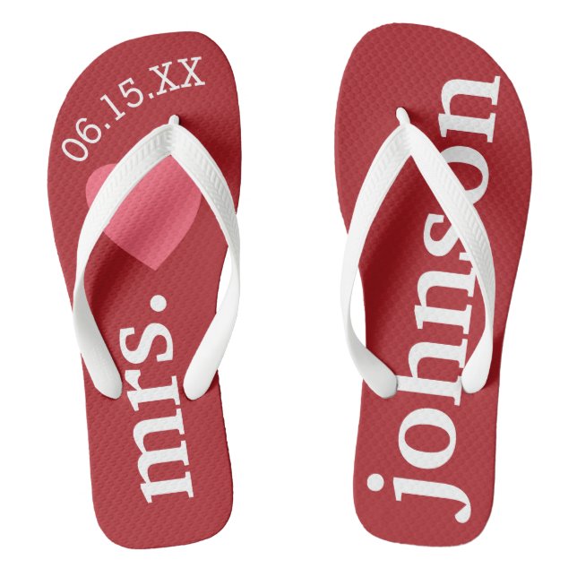 Mr. and Mrs. Personalized Honeymoon with Heart Flip Flops (Footbed)