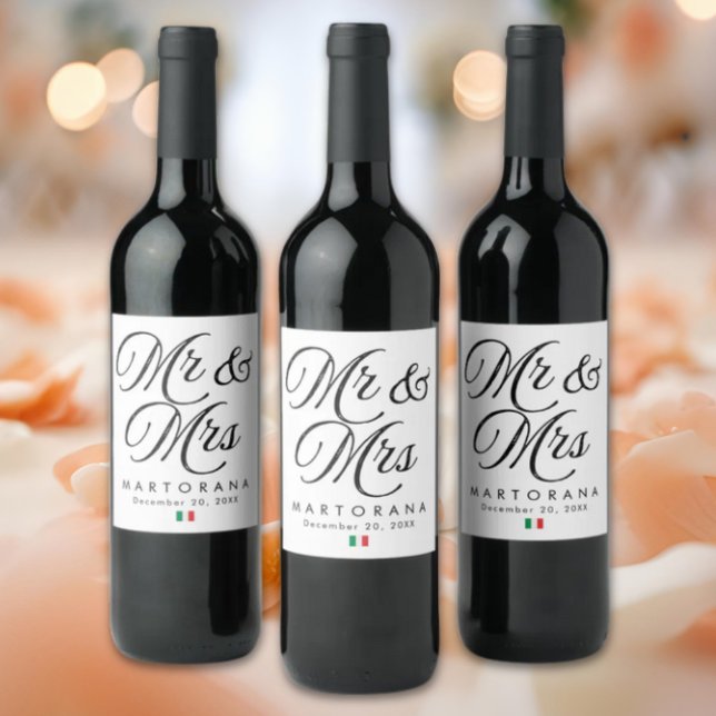 Mr and Mrs Personalized Italian Wedding Wine Label (Mr & Mrs Personalized Italian Wedding Wine Label with Flag of Italy icon)