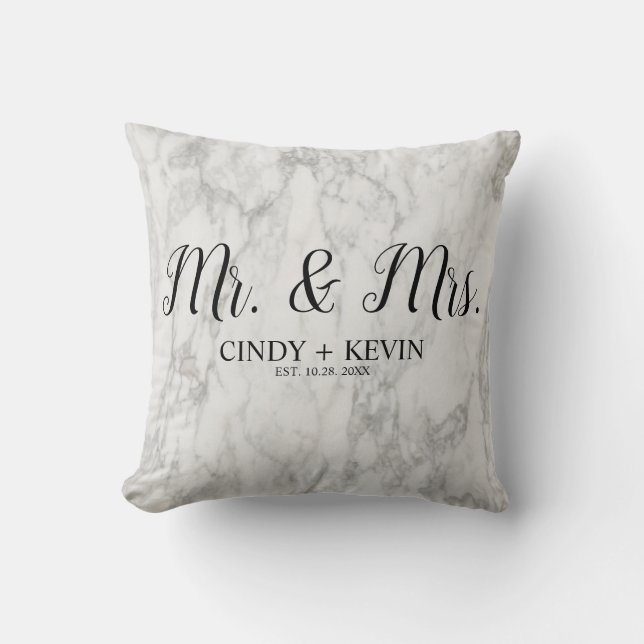 Mr and Mrs Personalized Marble Stone Pattern Throw Pillow (Front)