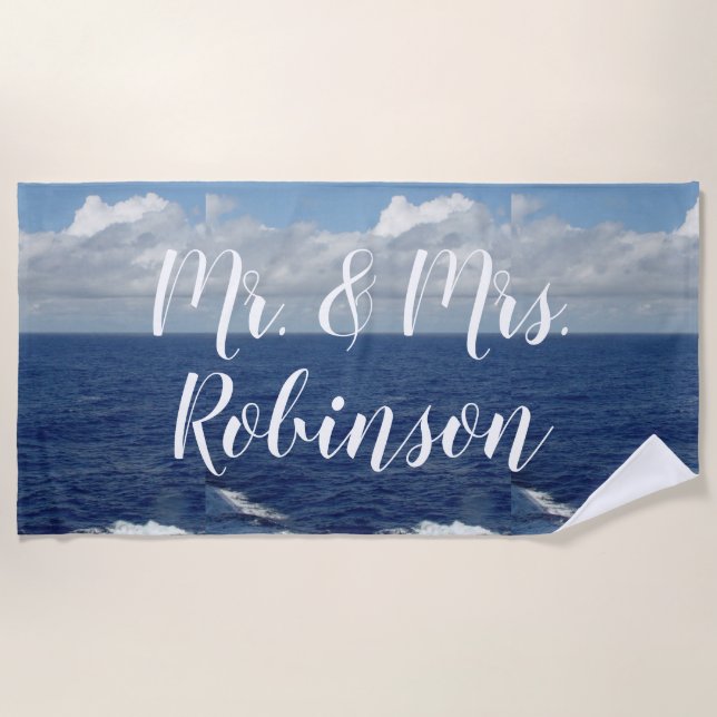 Mr. and Mrs. Personalized Ocean Waves Beach Towel (Front)