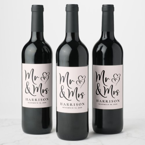 Mr and Mrs Personalized Pink Wedding Wine Label