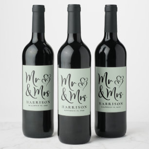Mr and Mrs Personalized Sage Green Wedding Wine Label