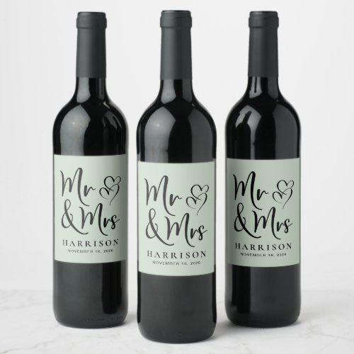 Mr and Mrs Personalized Sage Green Wedding Wine Label
