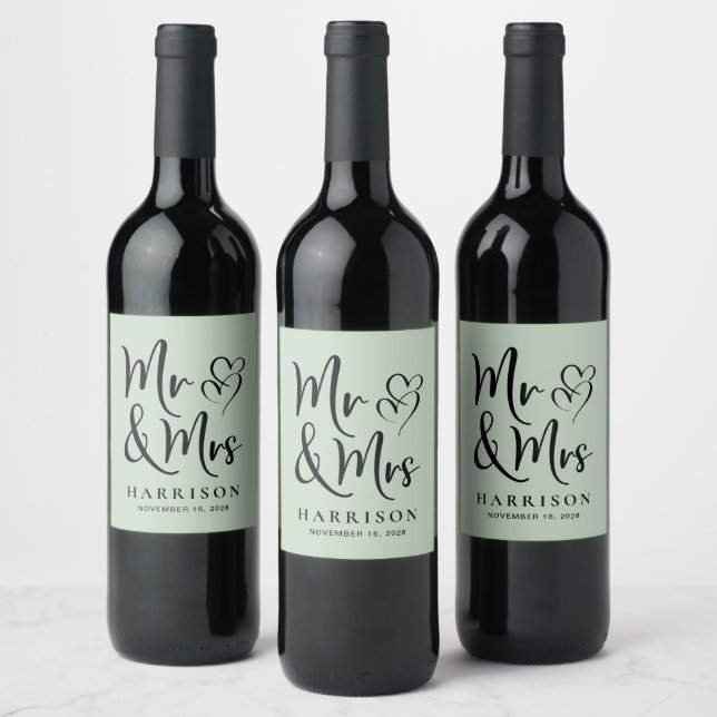 Mr and Mrs Personalized Sage Green Wedding Wine Label (Bottles)
