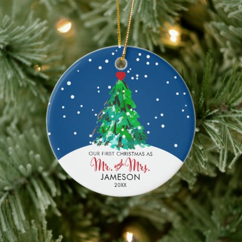 Mr and Mrs Personalized Shabby Chic Christmas Tree Ceramic Ornament