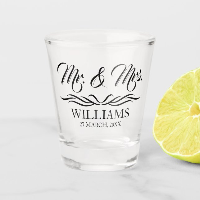 Mr and Mrs Personalized Surname Wedding Favor Shot Glass (Front)