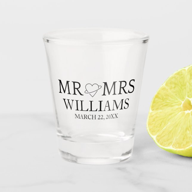 Mr and Mrs Personalized Surname Wedding Favor  Shot Glass (Front)
