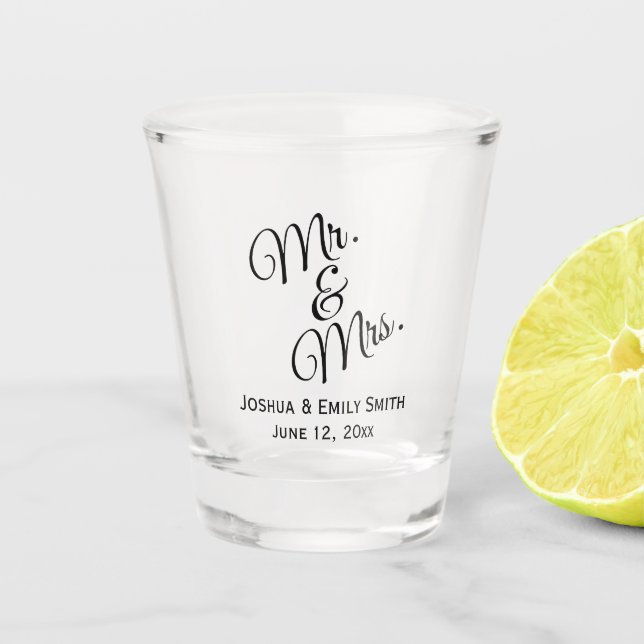 Mr and Mrs Personalized Wedding Party Favor Shot Glass (Front)
