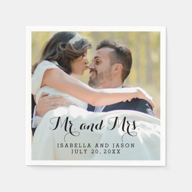 Mr and Mrs Personalized Wedding Photo Paper Napkin (Front)