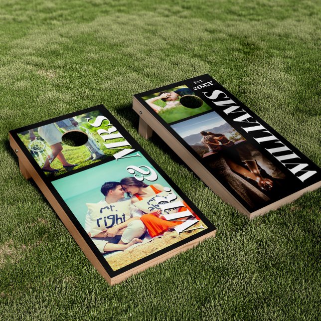 Mr and Mrs Photo Collage | Last Name Cornhole Set (A closer view of the unique corn hole board set.)