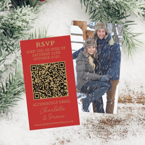 Mr And Mrs Photo QR Code Red And Gold Wedding RSVP Enclosure Card