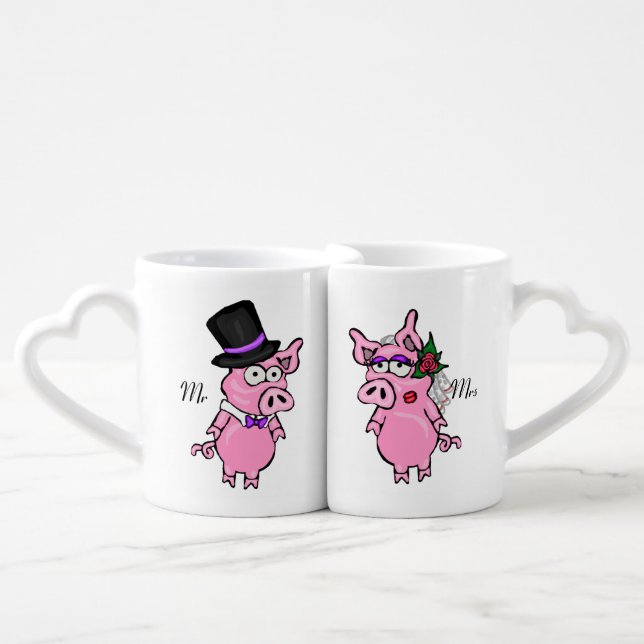 Mr And Mrs Pig Cartoon Bride & Groom Wedding Mugs (Front Nesting)