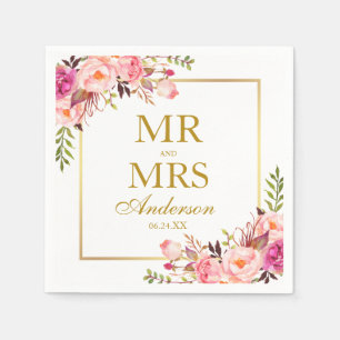 Mr. and Mrs. Pink Blush Floral Gold Wedding Napkins