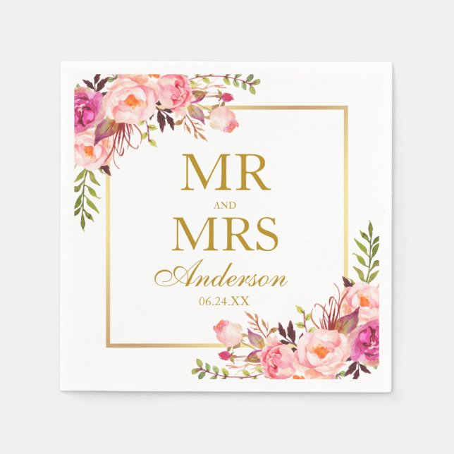 Mr. and Mrs. Pink Blush Floral Gold Wedding Napkins (Front)