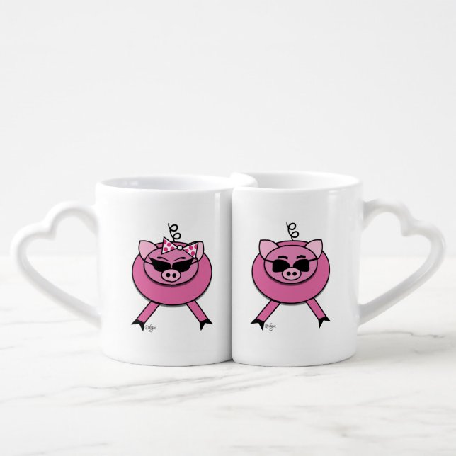 Mr And Mrs Pink Cartoon Pig Love Mug Set (Front Nesting)