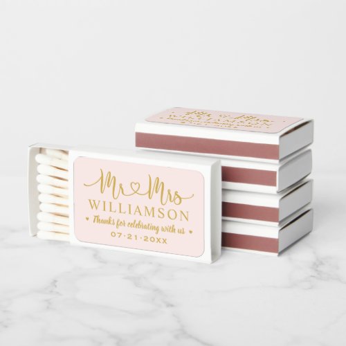 Mr and Mrs Pink Gold Personalized Wedding Matchboxes