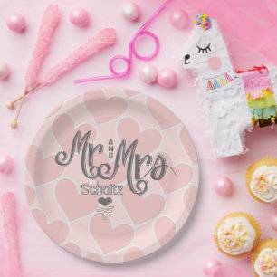 Mr. and Mrs. Pink Heart Pattern Chalkboard Style Paper Plates