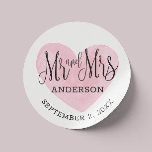 Mr and Mrs. Pink heart wedding or valentines day Classic Round Sticker