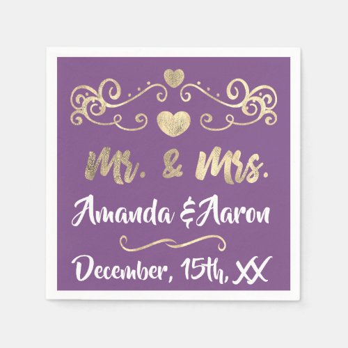 Mr and Mrs Purple Amethyst  Hearts Name Golden Napkins