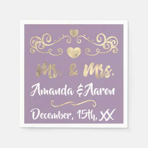 Mr and Mrs Purple Lavedner  Hearts Name Golden Napkins