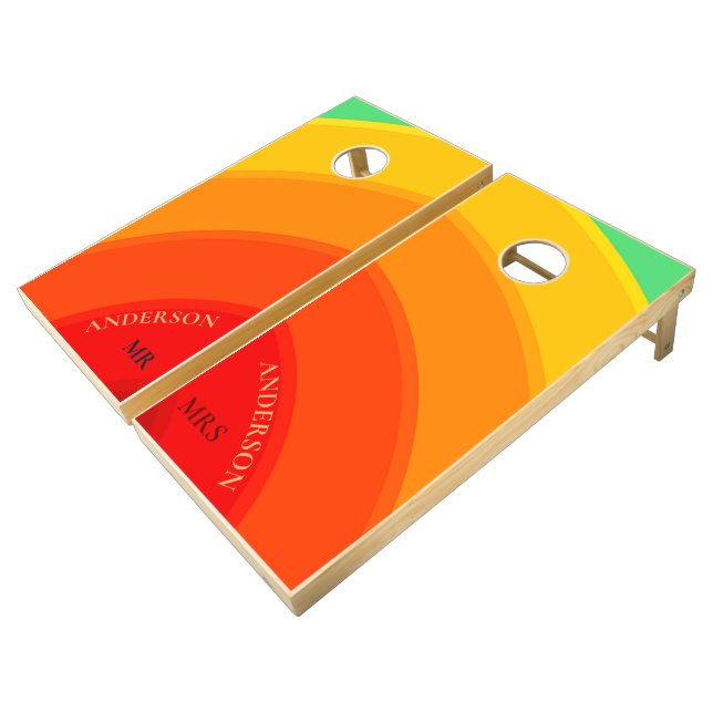 Mr and Mrs Rainbow Red Orange Green Personalized Cornhole Set (Angled)