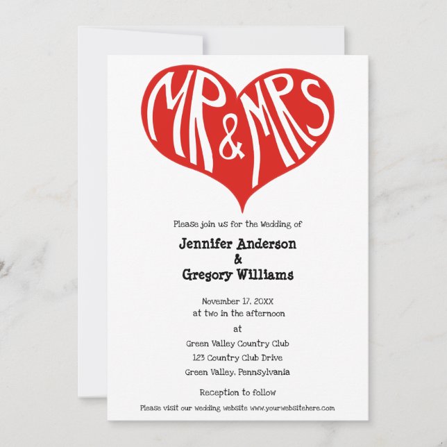 Mr and Mrs Red and White Heart Shape Wedding Invitation (Front)