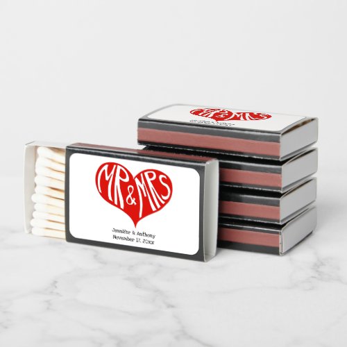 Mr and Mrs Red and White Heart Shape Wedding Matchboxes